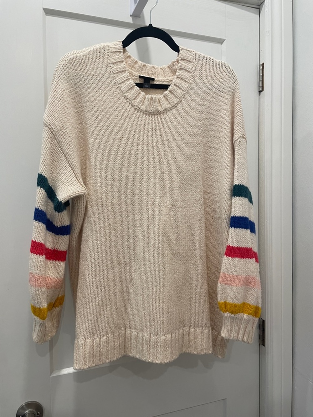 torrid Cream Crewneck Sweater with Multicolor Striped Sleeves